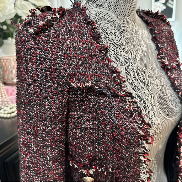 Zara Basic Tweed Longline Coat Jacket XS Black Red Fringe Bouclé - Picture 4 of 16